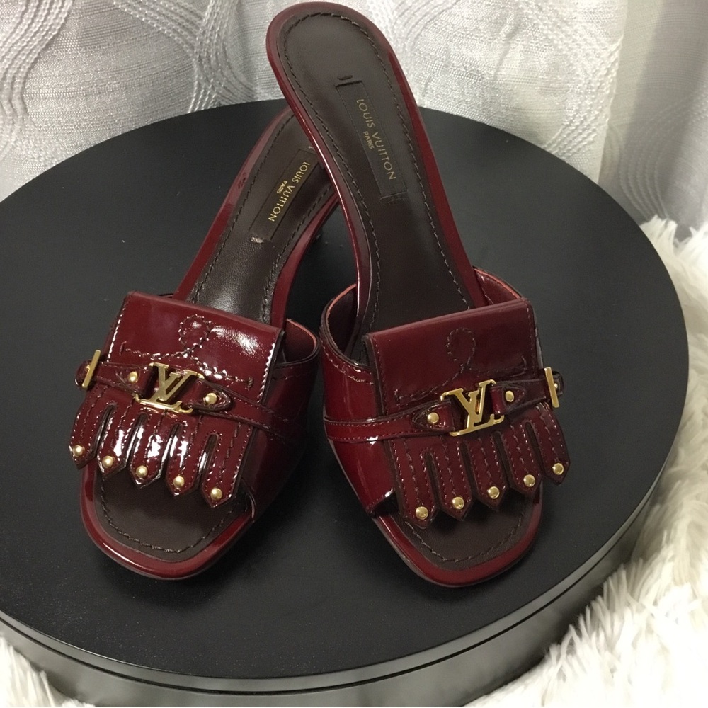 Louis Vuitton Burgundy Patent Leather Slide Mules with Gold Hardware - Picture 2 of 13